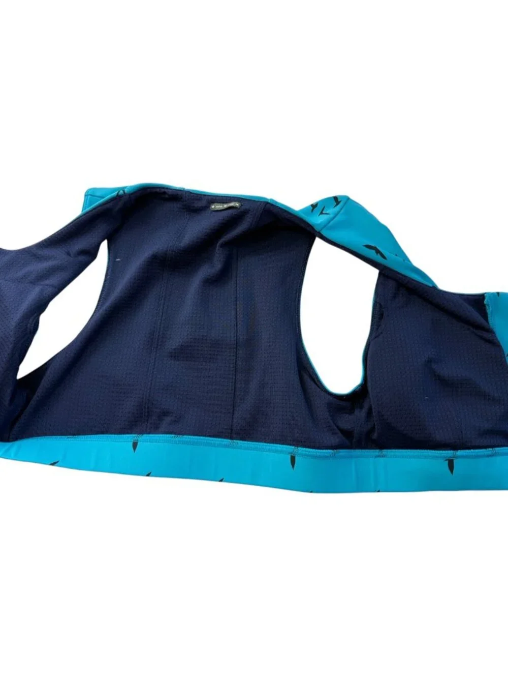 OISELLE Running Sports Bra.  Teal Blue. Bird Print. Size Women's 10 Front Zipper